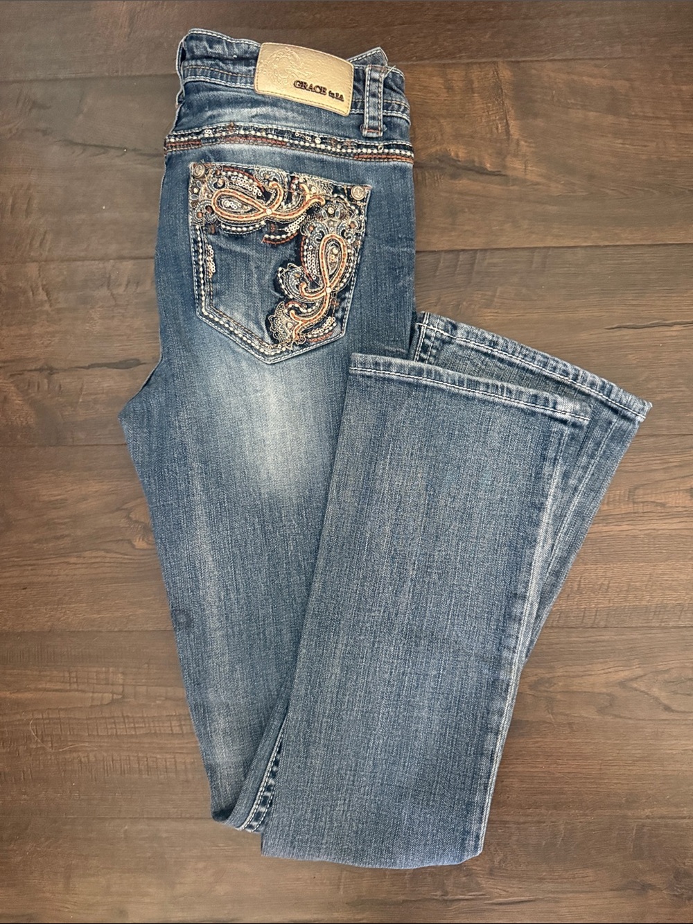 Grace in LA Women's Mid Blue Bootcut Jeans with Paisley Embroidery